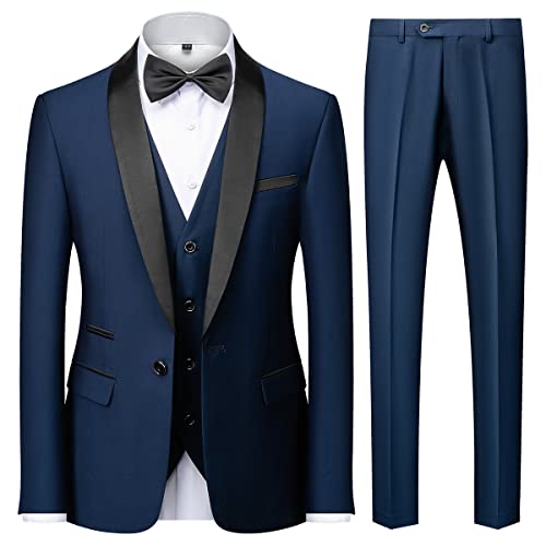 KUDMOL Herren 3 Stücke Anzug Slim Fit EIN Knopf Schal Revers für Hochzeit Prom Blazer Weste Hosen Set(Dunkelblau,2XL) von KUDMOL