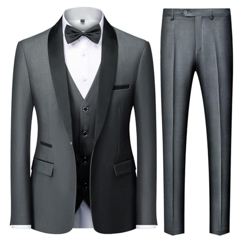 KUDMOL Herren 3 Stücke Anzug Slim Fit EIN Knopf Schal Revers für Hochzeit Prom Blazer Weste Hosen Set(Grau,2XL) von KUDMOL