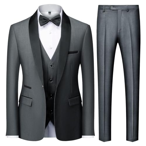 KUDMOL Herren 3 Stücke Anzug Slim Fit EIN Knopf Schal Revers für Hochzeit Prom Blazer Weste Hosen Set(Grau,S) von KUDMOL