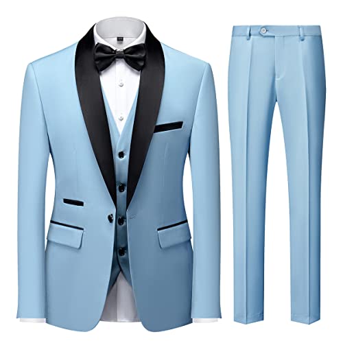 KUDMOL Herren 3 Stücke Anzug Slim Fit EIN Knopf Schal Revers für Hochzeit Prom Blazer Weste Hosen Set(Himmelblau,2XL) von KUDMOL