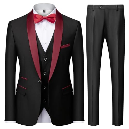 KUDMOL Herren 3 Stücke Anzug Slim Fit EIN Knopf Schal Revers für Hochzeit Prom Blazer Weste Hosen Set(Rot,M) von KUDMOL