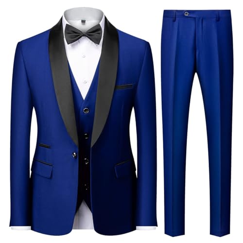 KUDMOL Herren 3 Stücke Anzug Slim Fit EIN Knopf Schal Revers für Hochzeit Prom Blazer Weste Hosen Set(Saphirblau,L) von KUDMOL