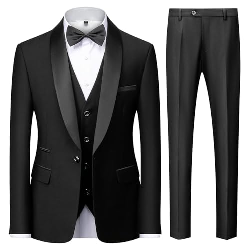 KUDMOL Herren 3 Stücke Anzug Slim Fit EIN Knopf Schal Revers für Hochzeit Prom Blazer Weste Hosen Set(Schwarz,M) von KUDMOL