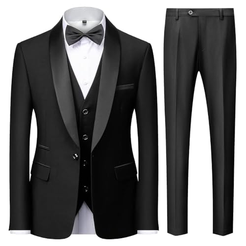 KUDMOL Herren 3 Stücke Anzug Slim Fit EIN Knopf Schal Revers für Hochzeit Prom Blazer Weste Hosen Set(Schwarz,XS) von KUDMOL