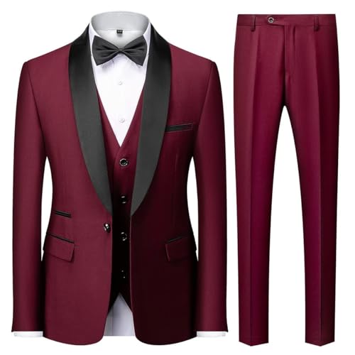 KUDMOL Herren 3 Stücke Anzug Slim Fit EIN Knopf Schal Revers für Hochzeit Prom Blazer Weste Hosen Set(WeinRot,2XL) von KUDMOL