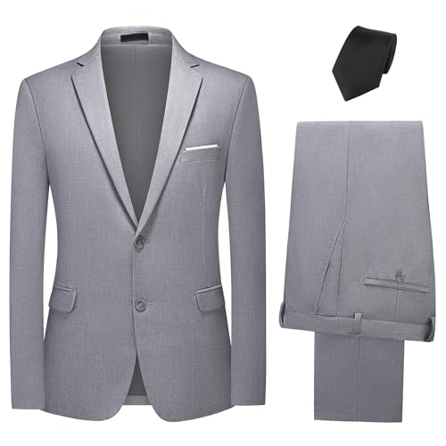 KUDMOL Herren Anzüge 2 Teilig Klassisches Smoking Zwei Knöpfe Herrenanzug Sakko Hose mit Schwarzer Krawatte（Hellgrau,3XL） von KUDMOL