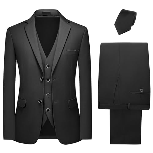 KUDMOL Herren Anzüge 3 Teilig Klassisches Smoking Zwei Knöpfe Herrenanzug Sakko Weste Hose mit Schwarzer Krawatte（Schwarz,2XL） von KUDMOL