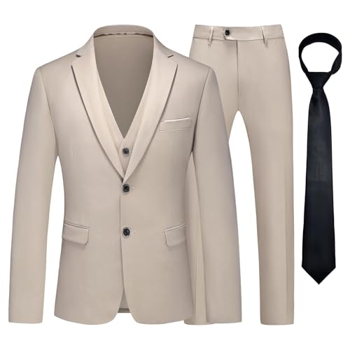 KUDMOL Herren Anzug 3 Stück Zwei Knöpfe Business Hochzeit Smoking Herren Anzug Jacke Weste Hose Set mit Krawatte（Champagner,M von KUDMOL