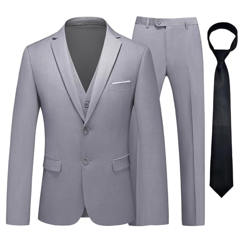 KUDMOL Herren Anzug 3 Stück Zwei Knöpfe Business Hochzeit Smoking Herren Anzug Jacke Weste Hose Set mit Krawatte（Hellgrau,M von KUDMOL