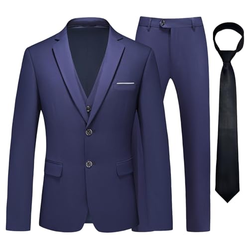 KUDMOL Herren Anzug 3 Stück Zwei Knöpfe Business Hochzeit Smoking Herren Anzug Jacke Weste Hose Set mit Krawatte（Marineblau,3XL von KUDMOL
