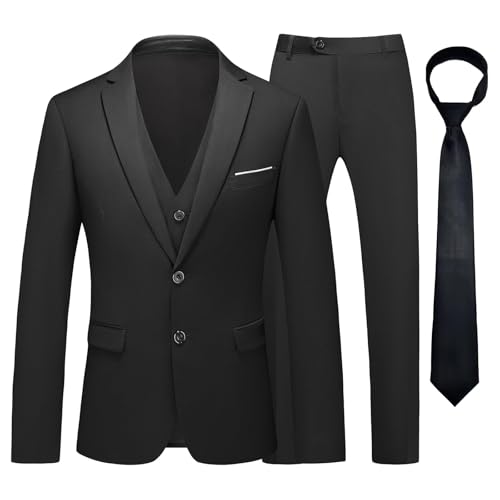 KUDMOL Herren Anzug 3 Stück Zwei Knöpfe Hochzeit Smoking Herren Jacke Weste Hose Set mit Krawatte（Schwarz,M von KUDMOL