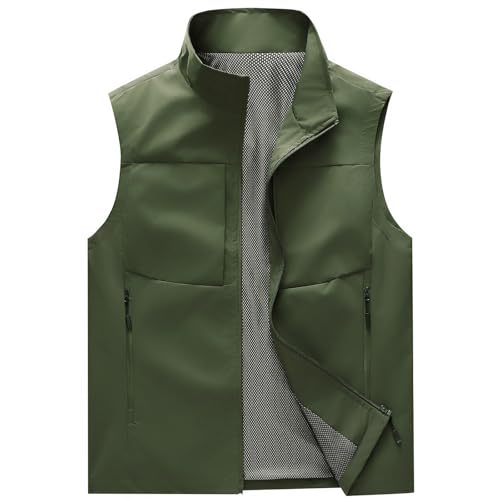 KUDMOL Herren Outdoor Weste Freizeit Schnelltrocknende mit vielen Taschen Ärmellos Jacke Wasserdichte Softshell Leicht Sport Weste(Armeegrün,XL) von KUDMOL