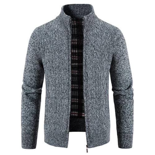 KUDMOL Herren Strickjacke Gurchgehender Reißverschluss Verdickter Fleecejacke Cardigan Herrenjacke(Dunkelgrau,S) von KUDMOL
