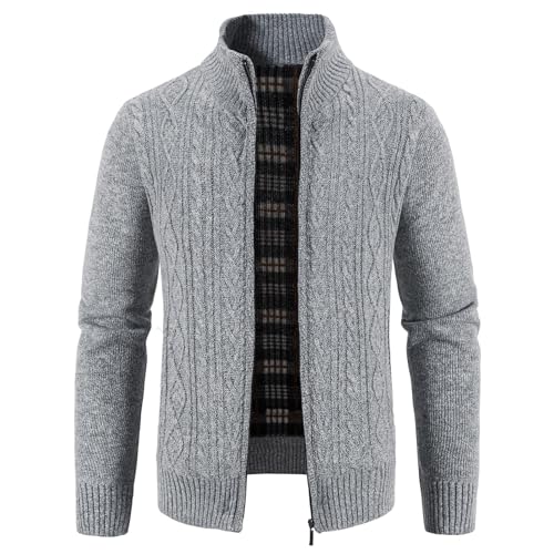KUDMOL Herren Strickjacke Gurchgehender Reißverschluss Verdickter Fleecejacke Cardigan Herrenjacke(Hellgrau,S) von KUDMOL
