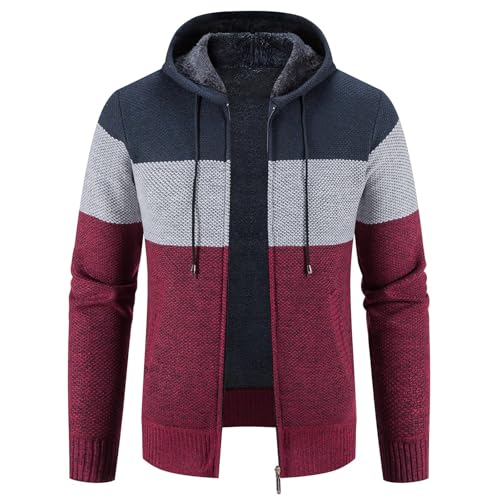 KUDMOL Herren Strickjacke mit Kapuze Durchgehender Reißverschluss Warme Gemischte Farbe Dicke Gestrickte Cardigan(Weinrot-Schwarzer Mix,S) von KUDMOL