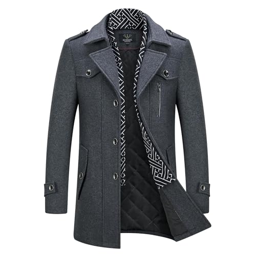 KUDMOL Herren Wintermantel Wolle Kurzmantel Stehkragen Wollmantel Mittellang Slim Fit für Business Freizeit Peacoat(Grau,S) von KUDMOL