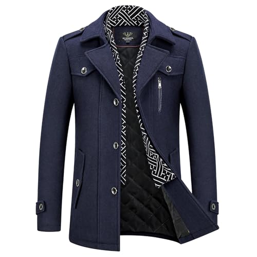 KUDMOL Herren Wintermantel Wolle Kurzmantel Stehkragen Wollmantel Mittellang für Business Freizeit Peacoat(Marine,3XL) von KUDMOL