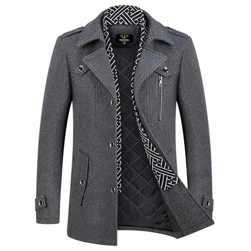 KUDMOL Herren Wintermantel Wolle Kurzmantel Stehkragen Wollmantel Mittellang für Business Freizeit Peacoat(Twill Dunkelgrau,M) von KUDMOL