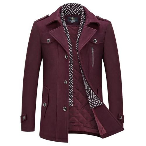 KUDMOL Herren Wintermantel Wolle Kurzmantel Stehkragen Wollmantel Mittellang für Business Freizeit Peacoat(Weinrot,M) von KUDMOL