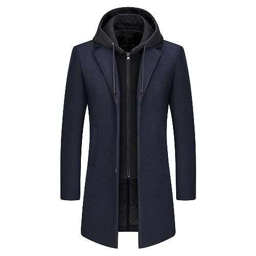 KUDMOL Herren Wolle Trenchcoat Solid Casual gepolstert Outdoor Overcoat Lange Kapuze Warmer Mantel Jacke(Marine,M) von KUDMOL