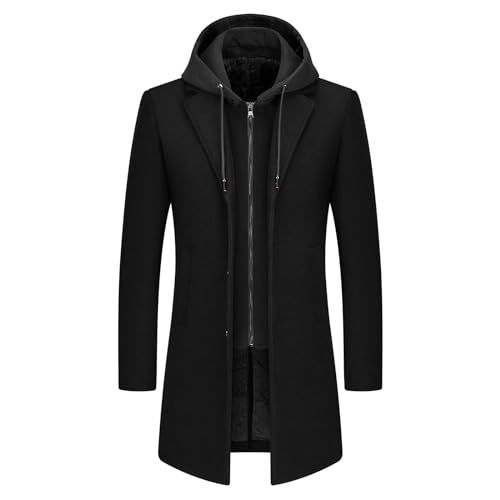 KUDMOL Herren Wolle Trenchcoat Solid Casual gepolstert Outdoor Overcoat Lange Kapuze Warmer Mantel Jacke(Schwarz,L) von KUDMOL