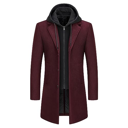 KUDMOL Herren Wolle Trenchcoat Solid Casual gepolstert Outdoor Overcoat Lange Kapuze Warmer Mantel Jacke(Weinrot,L) von KUDMOL