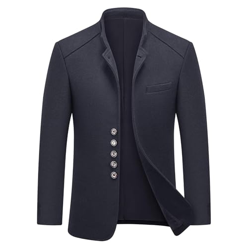 KUDMOL Herrenmantel Stehkragen Wollmischung Trenchcoat Klassischer Vintage einreihiger Wintermantel(Marineblau,S) von KUDMOL
