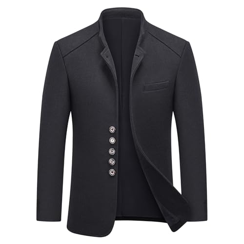 KUDMOL Herrenmantel Stehkragen Wollmischung Trenchcoat Klassischer Vintage einreihiger Wintermantel(Schwarz,S) von KUDMOL