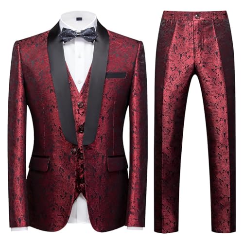 KUDORO Herren Anzüge 3-Teilig Slim Fit Paisley für Hochzeit Party Eine Knöpfe Jacquard Smoking Herrenanzug Sakko Weste Hose(Rot,L) von KUDORO