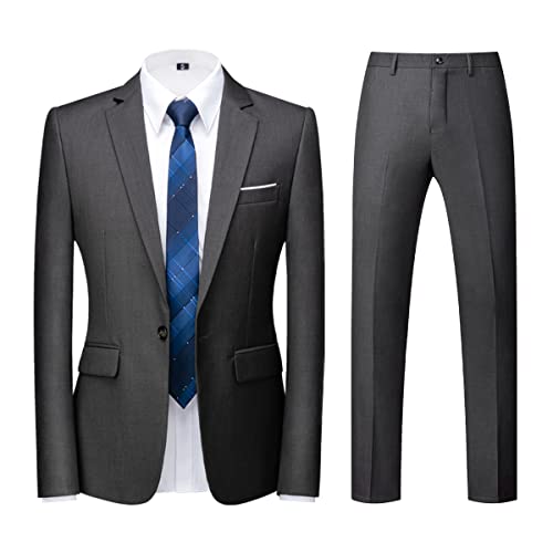 KUDORO Herren Anzüge 2 Teilig Slim Fit Einreiher Ein Knopf Hochzeit Business Casual Smoking Anzug Blazer Hose Anzug Set Dunkelgrau Medium von KUDORO