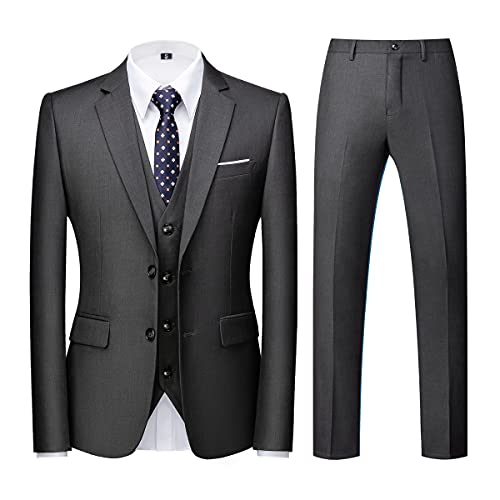 KUDORO Herren Anzüge 3-teilig Slim Fit Einreihig Zwei Knöpfe für Hochzeit Business Anzug Herren Formell Sakko Weste Hose(Dunkelgrau,XL) von KUDORO