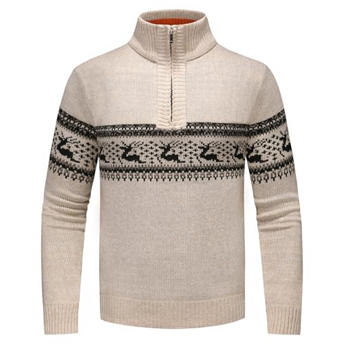 KUDORO Half Zip Pullover Herren Strickpullover Warmer Winterpullover 1/2 Zip für Männer Mit Stehkragen für Weihnachten (Beige, XXL) von KUDORO