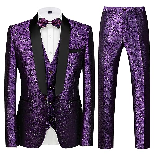 KUDORO Herren Anzüge 3-Teilig Slim Fit Paisley für Hochzeit Party Eine Knöpfe Jacquard Smoking Herrenanzug Sakko Weste Hose(Lila,L) von KUDORO