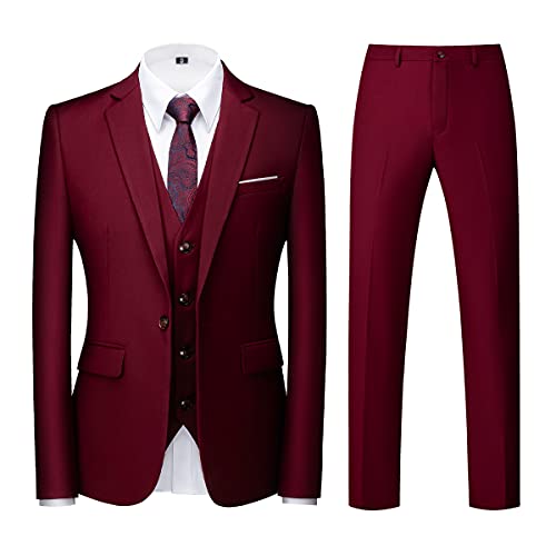 KUDORO Herren Anzüge 3-teilig Slim Fit Eine Knöpfe für Hochzeit Business Herrenanzug Sakko Weste Hose(Weinrot,XXL) von KUDORO