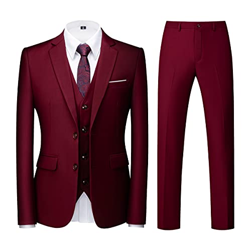 KUDORO Herren Anzüge 3-teilig Slim Fit Einreihig Zwei Knöpfe für Hochzeit Business Anzug Herren Formell Sakko Weste Hose(Weinrot,L) von KUDORO