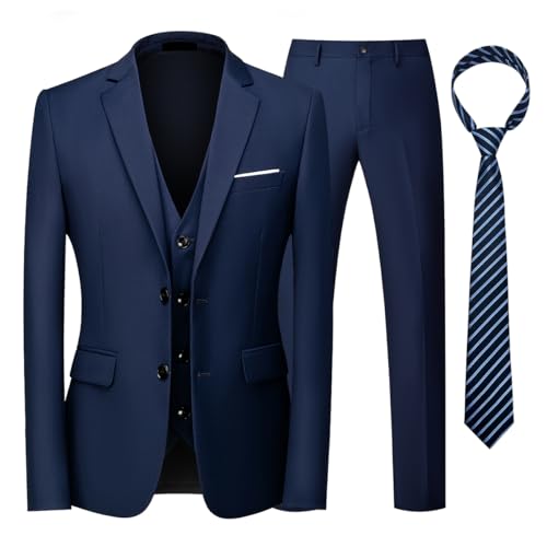 KUDORO Herren Anzüge 3-teilig Slim Fit Einreihig Zwei Knöpfe für Hochzeit Business Herren 3-Stücke Formell Sakko Weste Hose mit Krawatte(Blau,S) von KUDORO