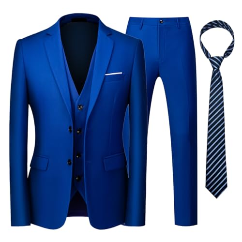 KUDORO Herren Anzüge 3-teilig Slim Fit Einreihig Zwei Knöpfe für Hochzeit Business Herren 3-Stücke Formell Sakko Weste Hose mit Krawatte(Blaues Juwel,L) von KUDORO