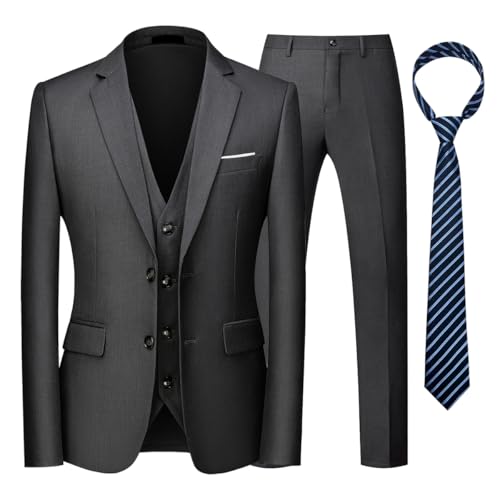 KUDORO Herren Anzüge 3-teilig Slim Fit Einreihig Zwei Knöpfe für Hochzeit Business Herren 3-Stücke Formell Sakko Weste Hose mit Krawatte(Dunkelgrau,XXL) von KUDORO