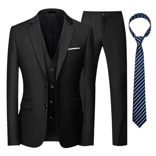 KUDORO Herren Anzüge 3-teilig Slim Fit Einreihig Zwei Knöpfe für Hochzeit Business Herren 3-Stücke Formell Sakko Weste Hose mit Krawatte(Schwarz,3XL) von KUDORO