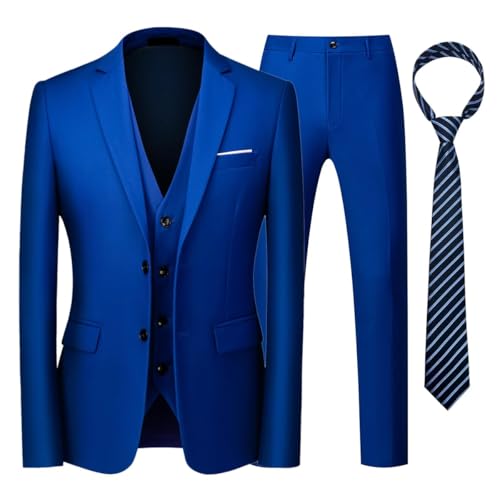 KUDORO Herren Anzüge 3-teilig Slim Fit Zwei mit Krawatte Knöpfe für Hochzeit Herren 3-Stücke Formell Sakko Weste Hose(Blaues Juwel,M) von KUDORO