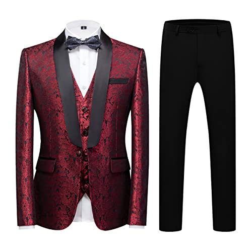 KUDORO Herren Anzüge Slim Fit 3-Teilig Paisley für Hochzeit Business Party Eine Knöpfe Jacquard Smoking Herrenanzug Sakko Weste Hose(Rot,3XL) von KUDORO