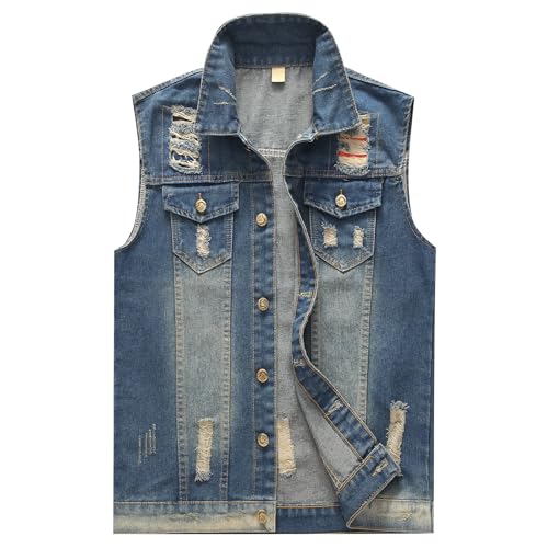 KUDORO Herren Denim Weste Zerrissen Jeansweste Ärmellose Biker Casual Freizeitweste(L,Blau) von KUDORO