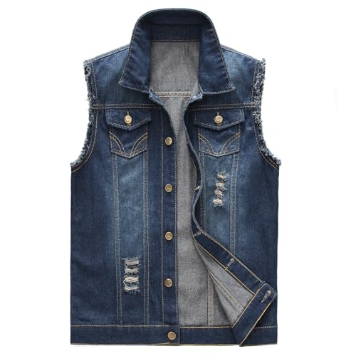 KUDORO Herren Denim Weste Zerrissen Jeansweste Ärmellose Biker Casual Freizeitweste(L,Dunkelblau) von KUDORO