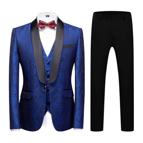 KUDORO Herren Anzüge Slim Fit 3-Teilig Paisley für Hochzeit Business Party Eine Knöpfe Jacquard Smoking Herrenanzug Sakko Weste Hose(Blau,L) von KUDORO