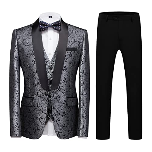 KUDORO Herren Anzüge Slim Fit 3-Teilig Paisley für Hochzeit Business Party Eine Knöpfe Jacquard Smoking Herrenanzug Sakko Weste Hose(Silber,L) von KUDORO