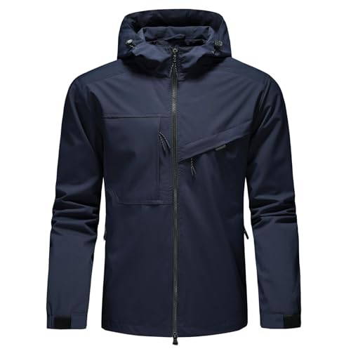 KUDORO Herren Leichte Jacke Langarm Übergangsjacke Bomberjacke Wasserdicht Outdoorjacke Winddichte Windbreaker Sportjacke mit Kapuze Freizeitjacke(Dunkelblau,M) von KUDORO