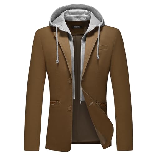 KUDORO Herren Sakko Anzugjacke Slim Fit Freizeit Baumwolle Sportlich Kapuzen Blazer Herren 2 Knöpfe(Kaffee,L) von KUDORO