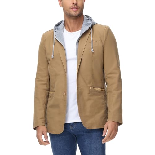 KUDORO Herren Sakko Anzugjacke Slim Fit Freizeit Baumwolle Sportlich Kapuzen Blazer Herren 2 Knöpfe(Khaki,M) von KUDORO