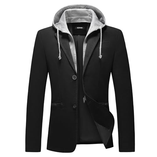 KUDORO Herren Sakko Anzugjacke Slim Fit Freizeit Baumwolle Sportlich Kapuzen Blazer Herren 2 Knöpfe(Schwarz,M) von KUDORO