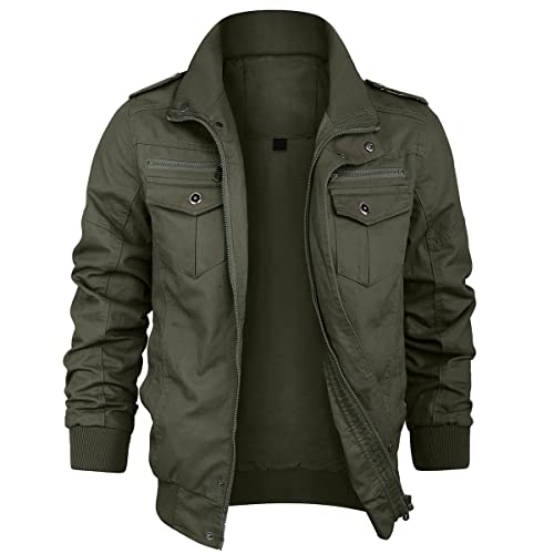 KUDORO Herren Übergangsjacke Militär Jacke Leicht Winterjacke Herbstjacke Stehkragen Fliegerjacke Baumwolle Blouson BomberJacke Armeejacke US Feldjacke Multi Taschen(Grün,S) von KUDORO